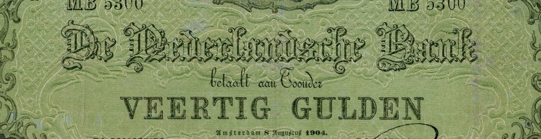 De voorzijde van een f 40 biljet uit 1904. Vanaf de jaren ’60 van de 19e eeuw droegen de bankbiljetten de tekst: De Nederlandsche Bank betaalt aan Toonder 