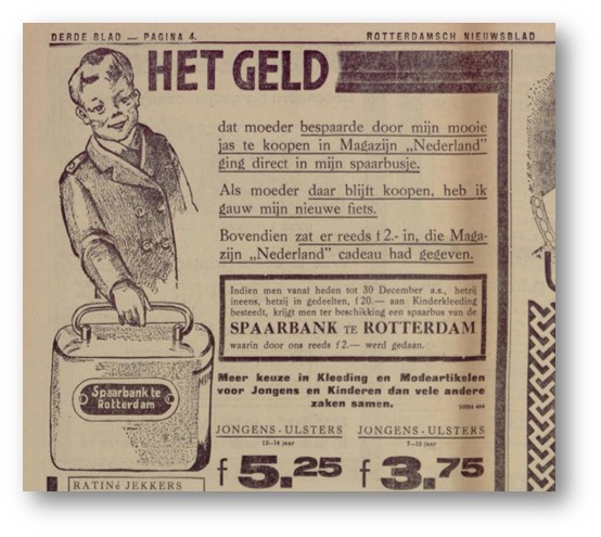 Advertentie van de Spaarbank Rotterdam om sparen te promoten, ook de jeugd begint een rol te spelen. Bron: het Rotterdamsch Nieuwsblad, 14 oktober 1930. 