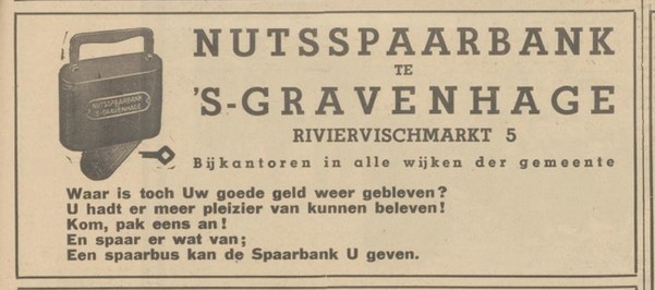 Advertentie van de Nutsspaarbank te ’s-Gravenhage. Bron: De Nederlander van 5 augustus 1939.